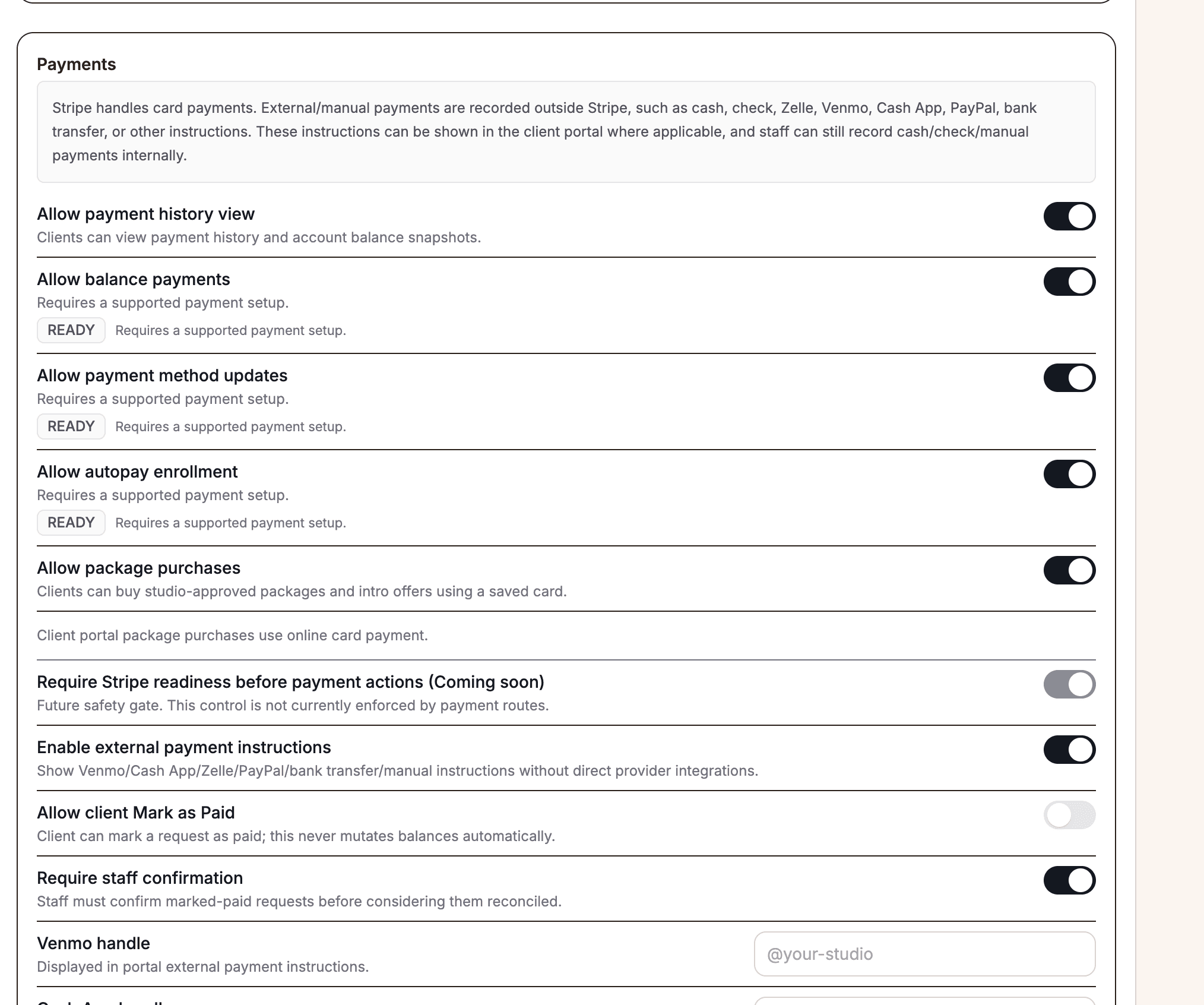 Ballroom Booking client portal controls screenshot.