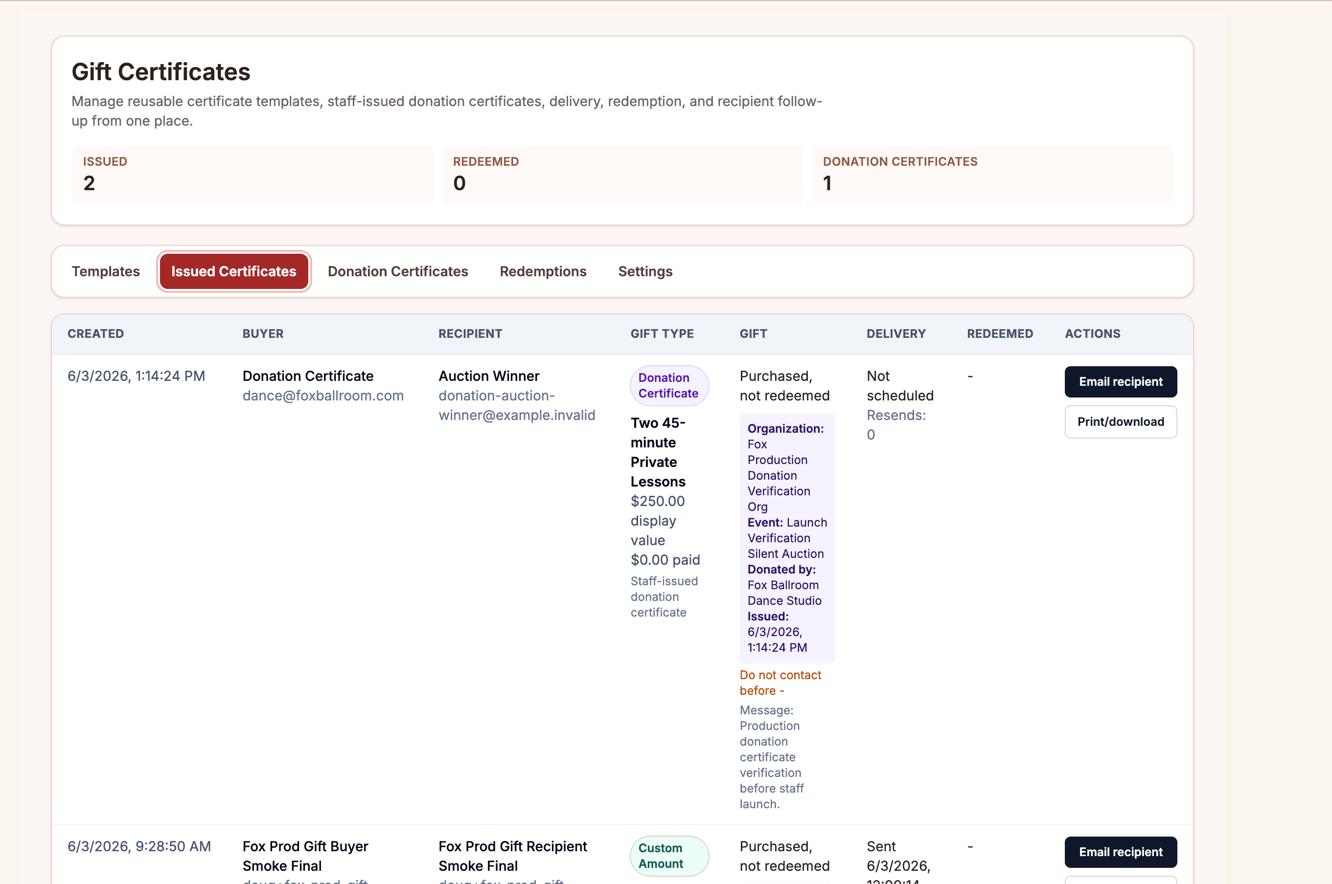 Ballroom Booking gift certificate customization screenshot.