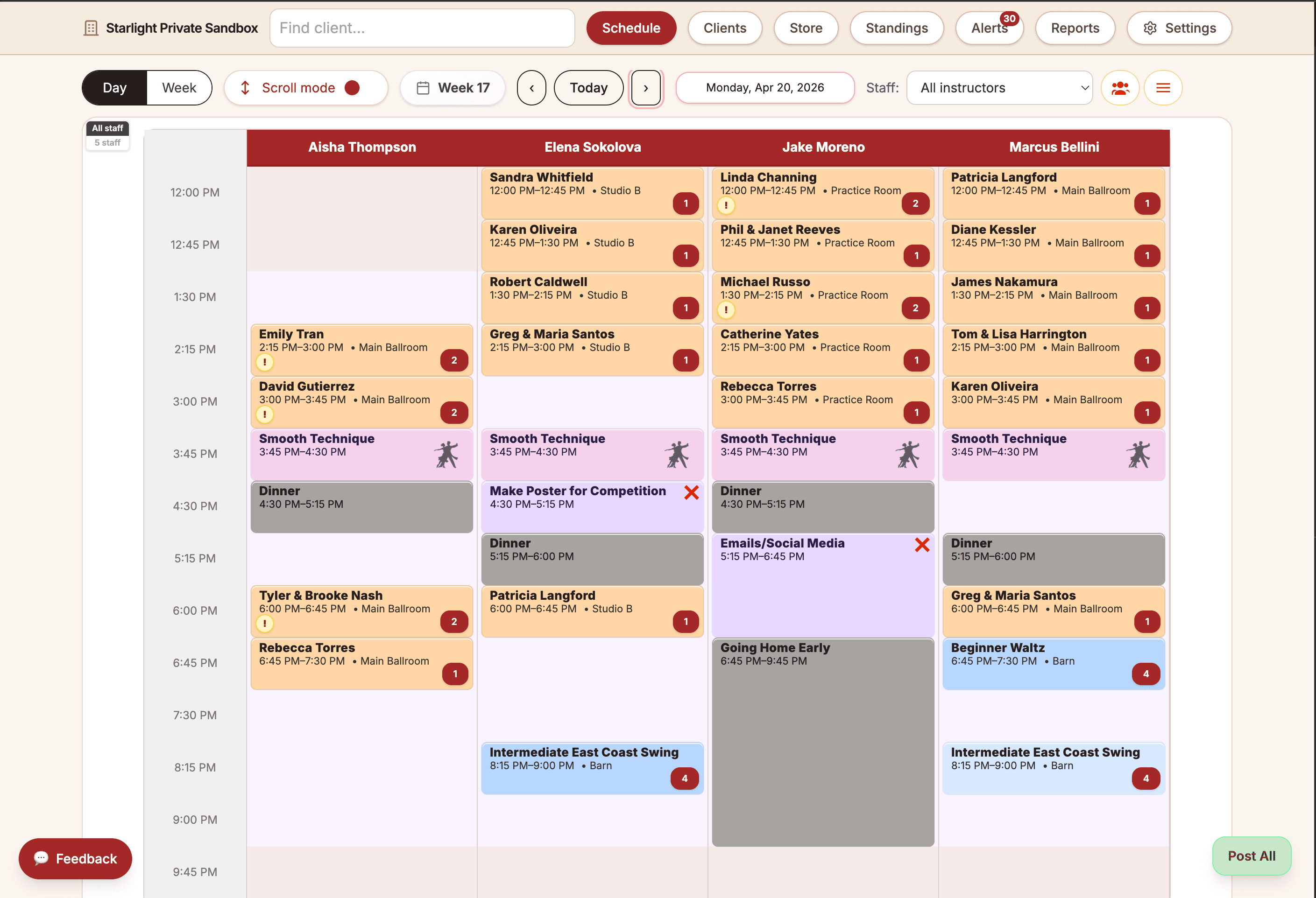 Ballroom Booking weekly schedule showing private lessons, group classes, and parties.