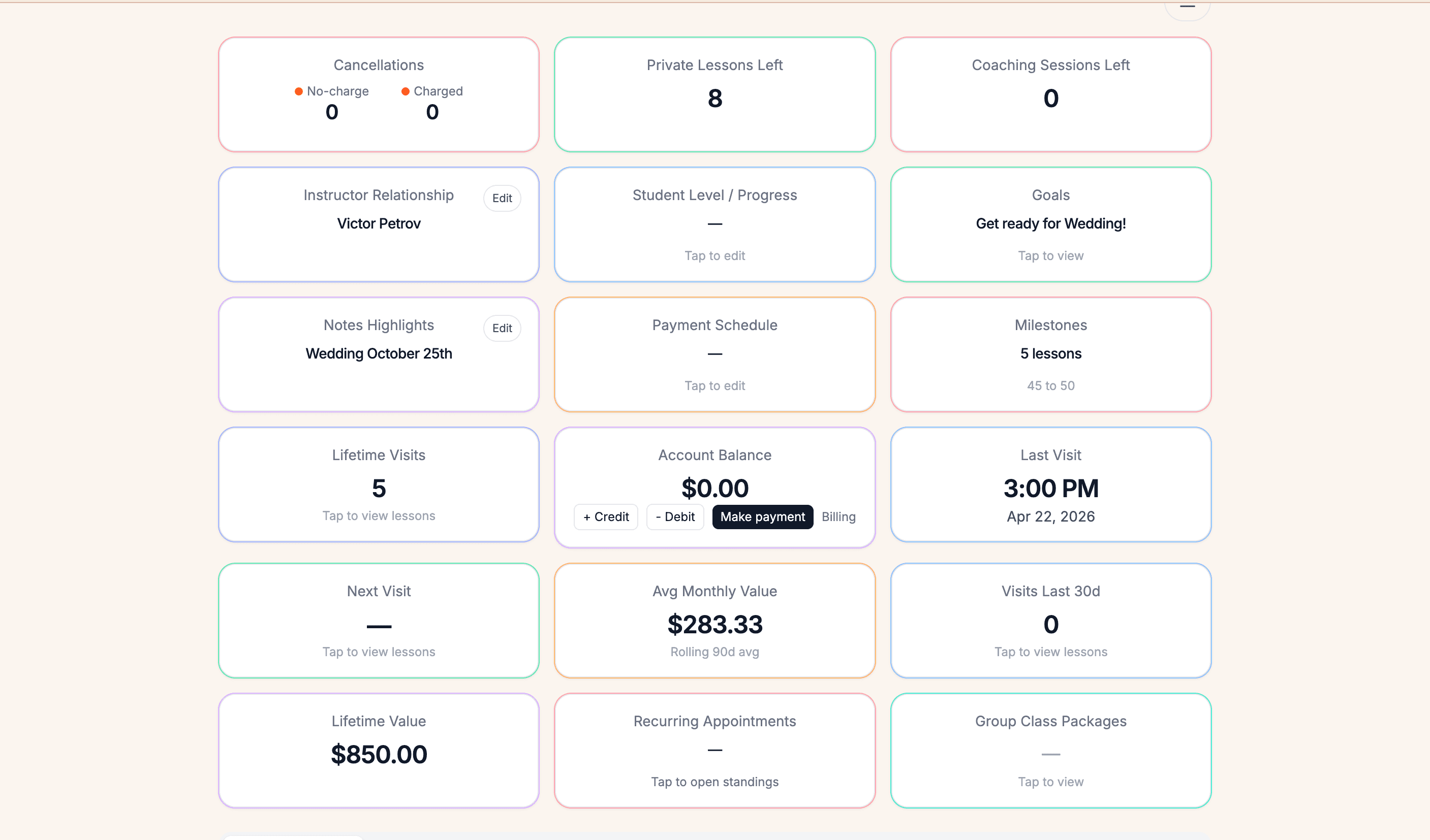Ballroom Booking student and couple account view.