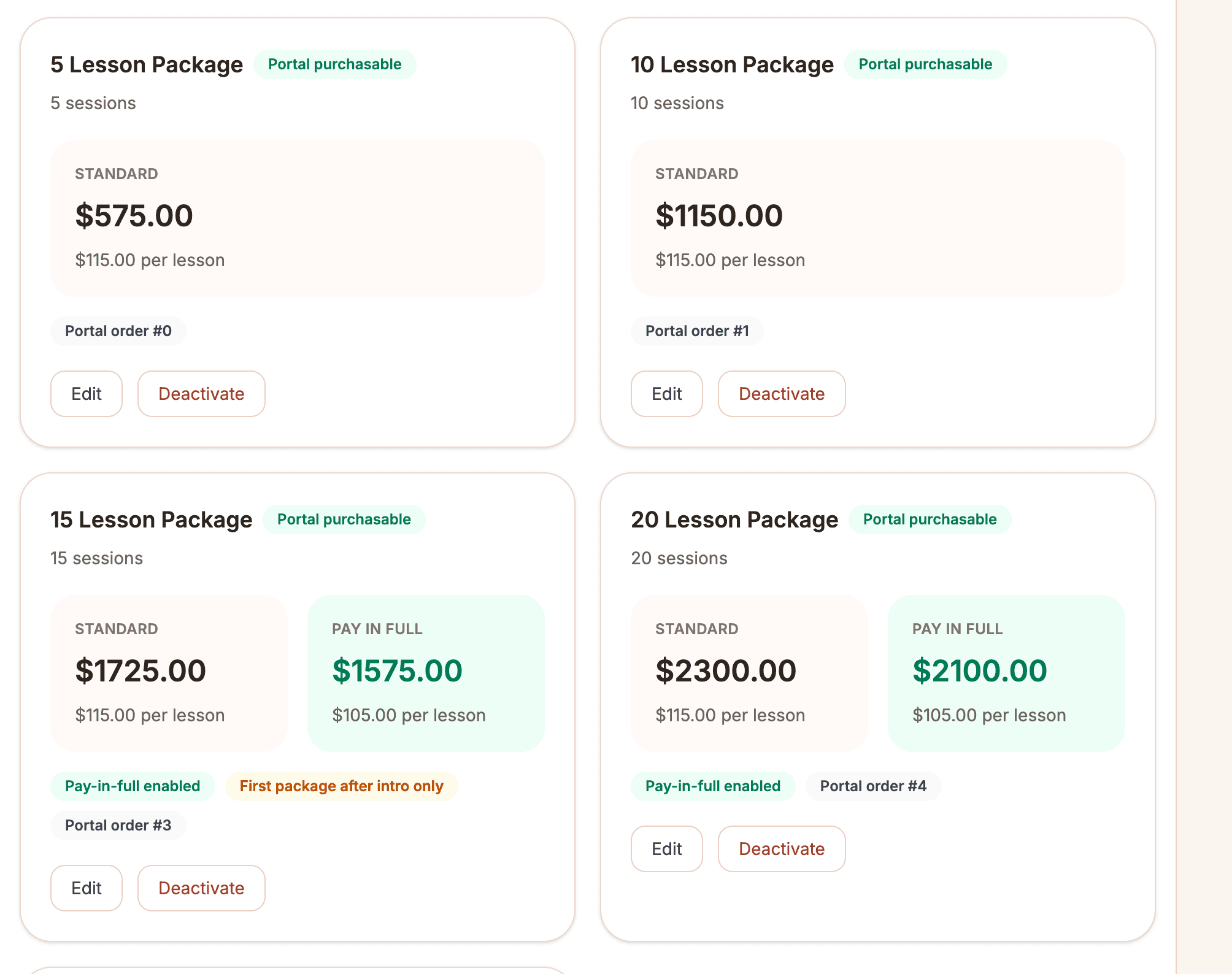 Ballroom Booking lesson package tracking view.