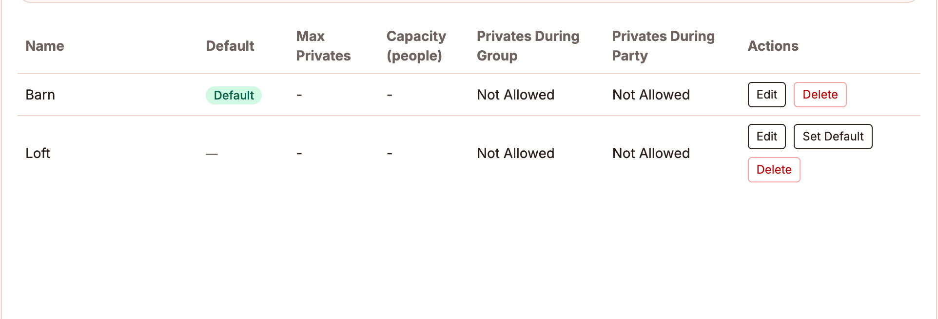 Ballroom Booking room options screenshot.
