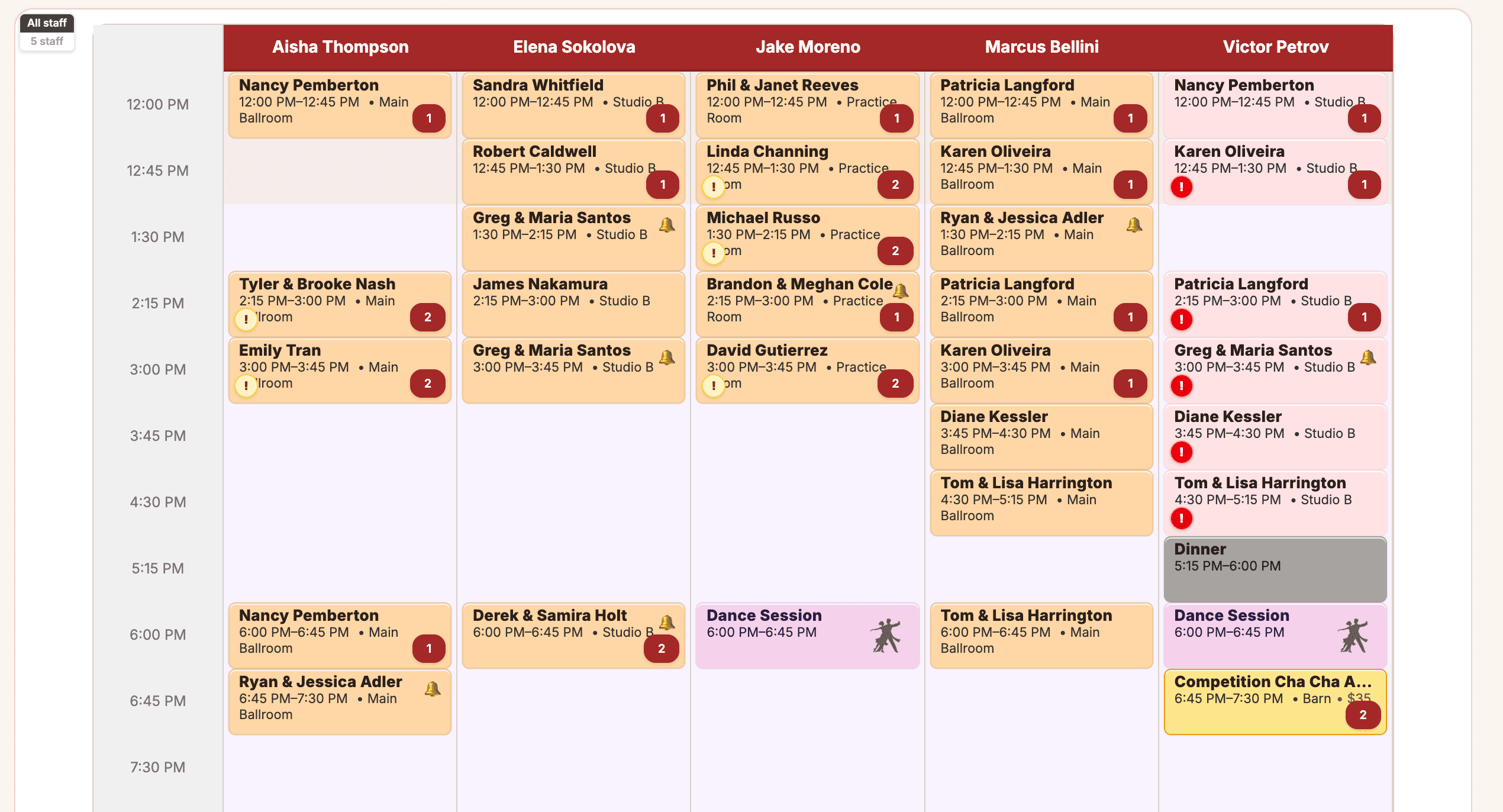 Ballroom Booking weekly schedule for private lessons, group classes, and parties.