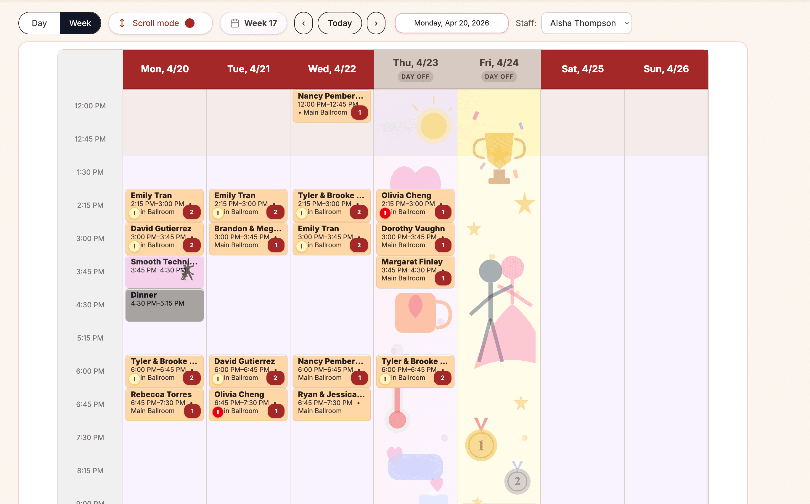 Ballroom Booking weekly schedule.