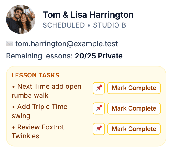 Ballroom Booking student hovercard showing lesson tasks.