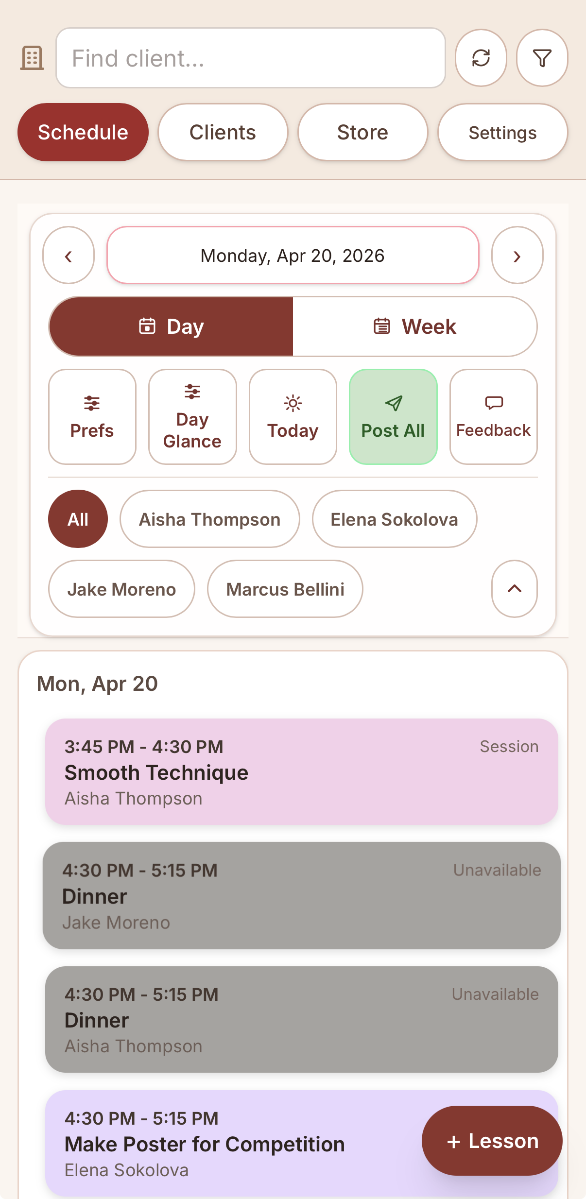 Ballroom Booking mobile schedule view.